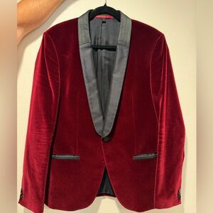 HUGO Men's Deep Red Velvet Tuxedo Jacket with Black Satin Shawl Lapel
